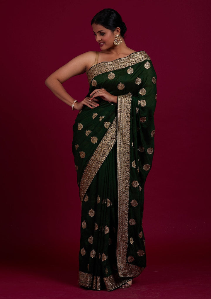 Bottle Green Zariwork Semi Crepe Designer Saree - Koskii