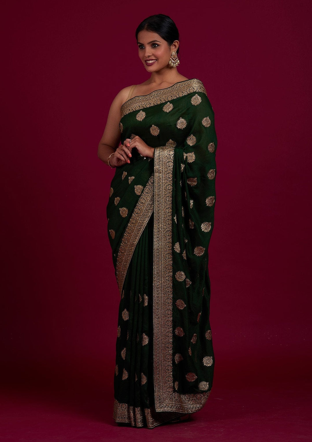 Bottle Green Zariwork Semi Crepe Designer Saree - Koskii