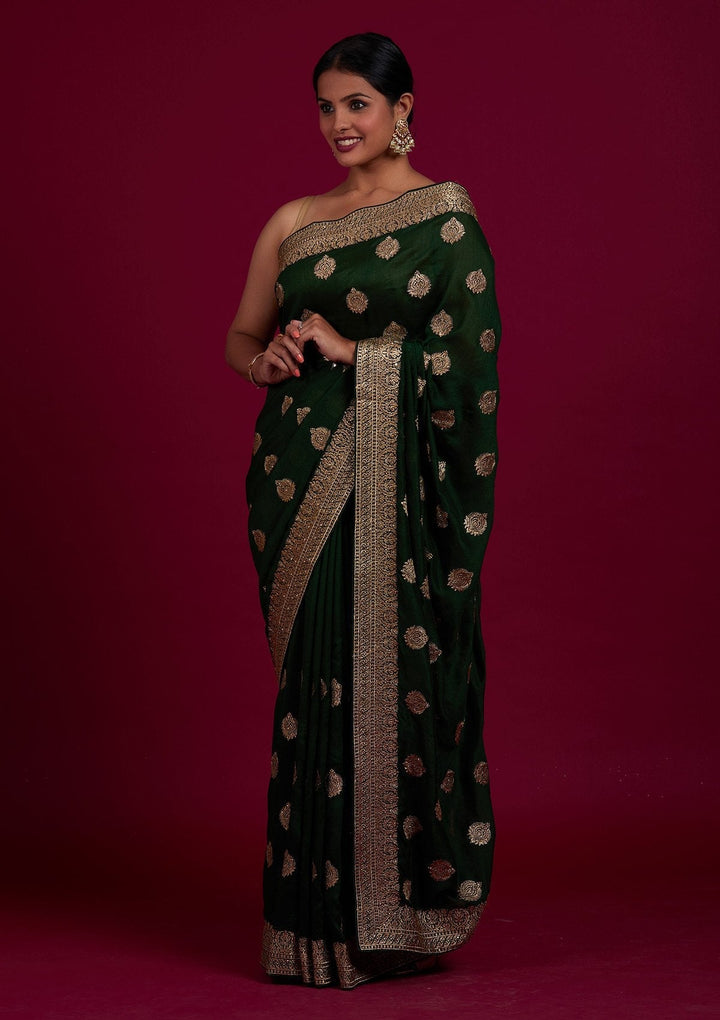 Bottle Green Zariwork Semi Crepe Designer Saree - Koskii