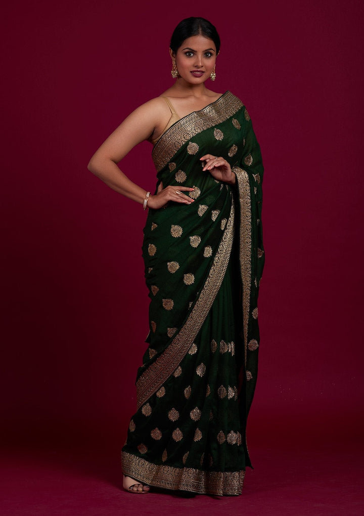 Bottle Green Zariwork Semi Crepe Designer Saree - Koskii