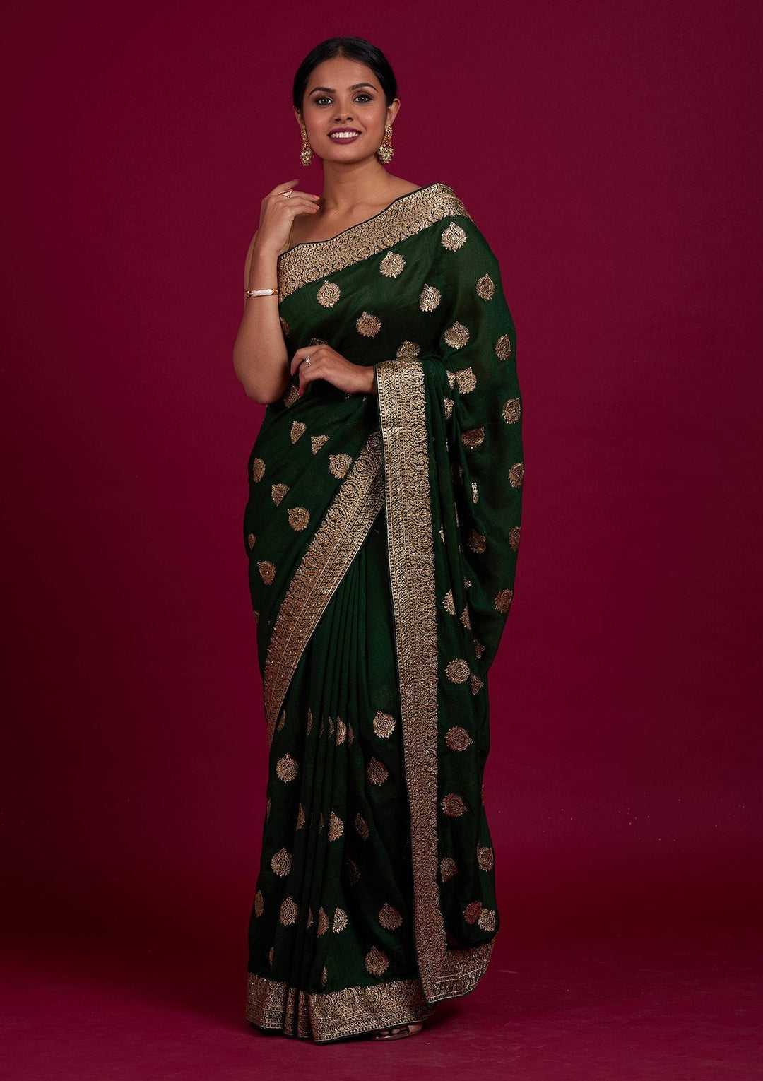 Bottle Green Zariwork Semi Crepe Designer Saree - Koskii