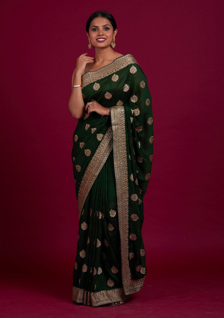 Bottle Green Zariwork Semi Crepe Designer Saree - Koskii