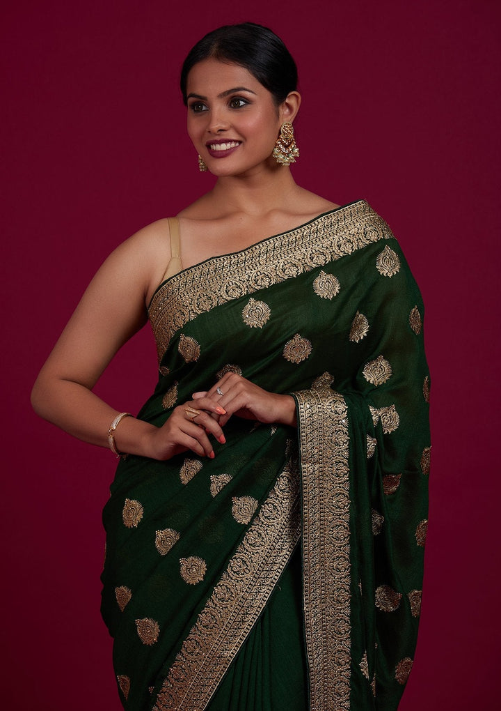 Bottle Green Zariwork Semi Crepe Designer Saree - Koskii