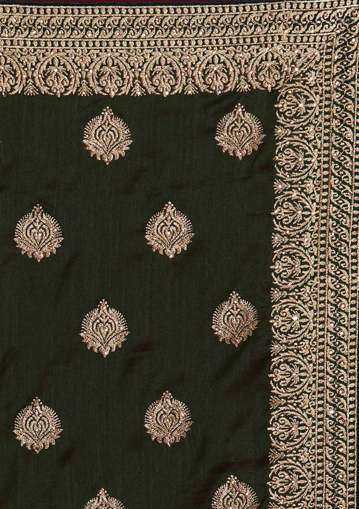 Bottle Green Zariwork Semi Crepe Designer Saree - Koskii