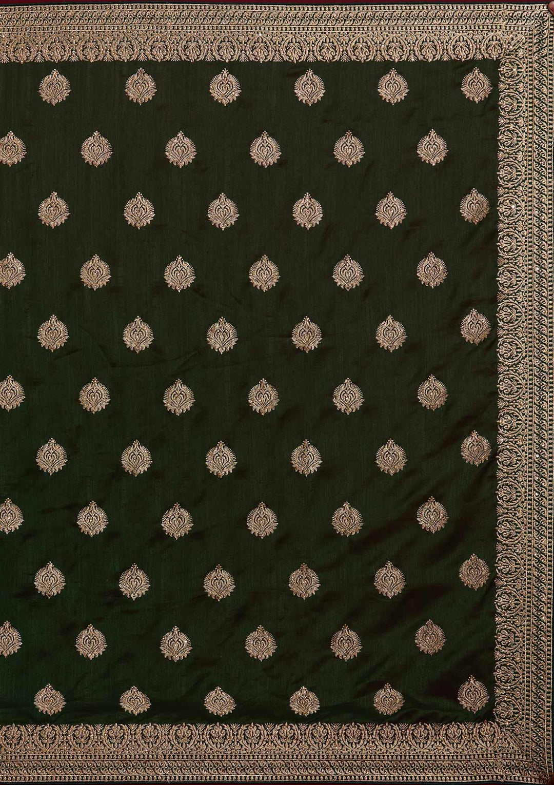 Bottle Green Zariwork Semi Crepe Designer Saree - Koskii
