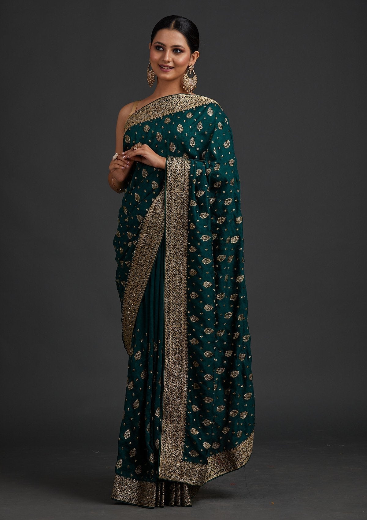 Bottle Green Zariwork Semi Crepe Designer Saree - koskii