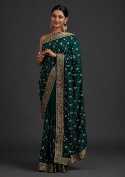 Bottle Green Zariwork Semi Crepe Designer Saree - koskii