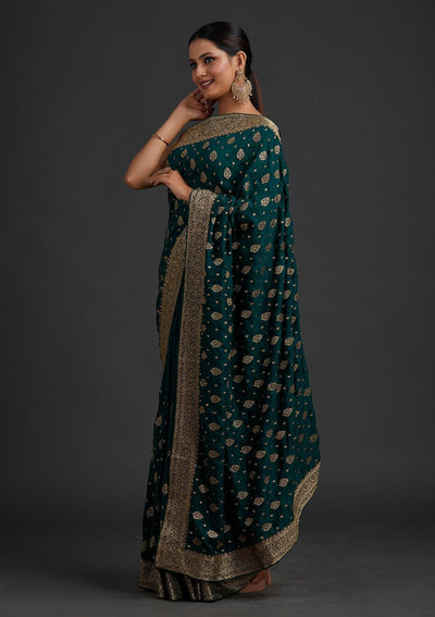 Bottle Green Zariwork Semi Crepe Designer Saree - koskii