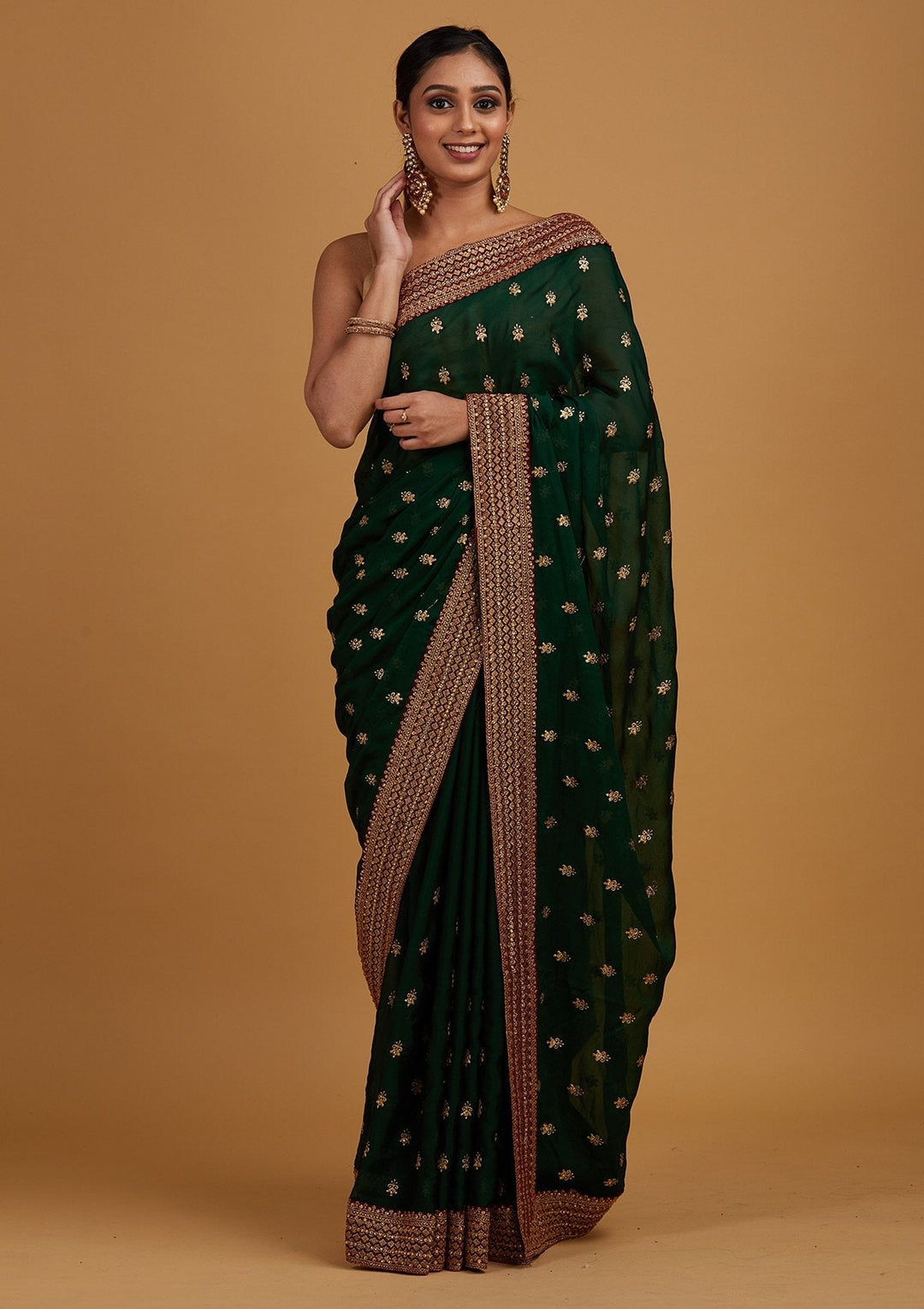 Bottle Green Zariwork Semi Crepe Designer Saree - Koskii