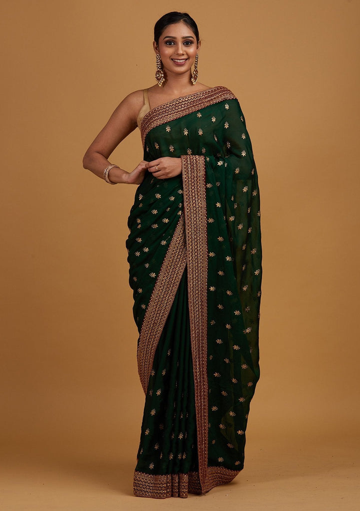 Bottle Green Zariwork Semi Crepe Designer Saree - Koskii