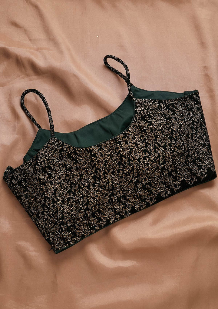Bottle Green Zariwork Velvet Designer Blouse - koskii