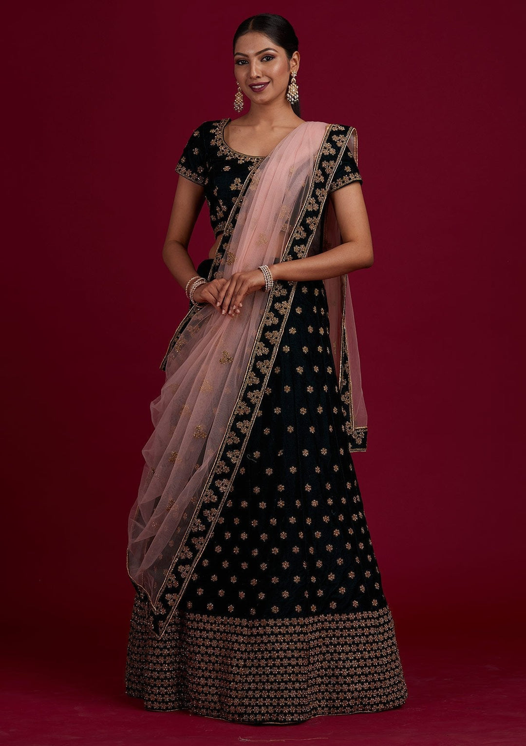 Bottle Green Zariwork Velvet Designer Semi-Stitched Lehenga - Koskii