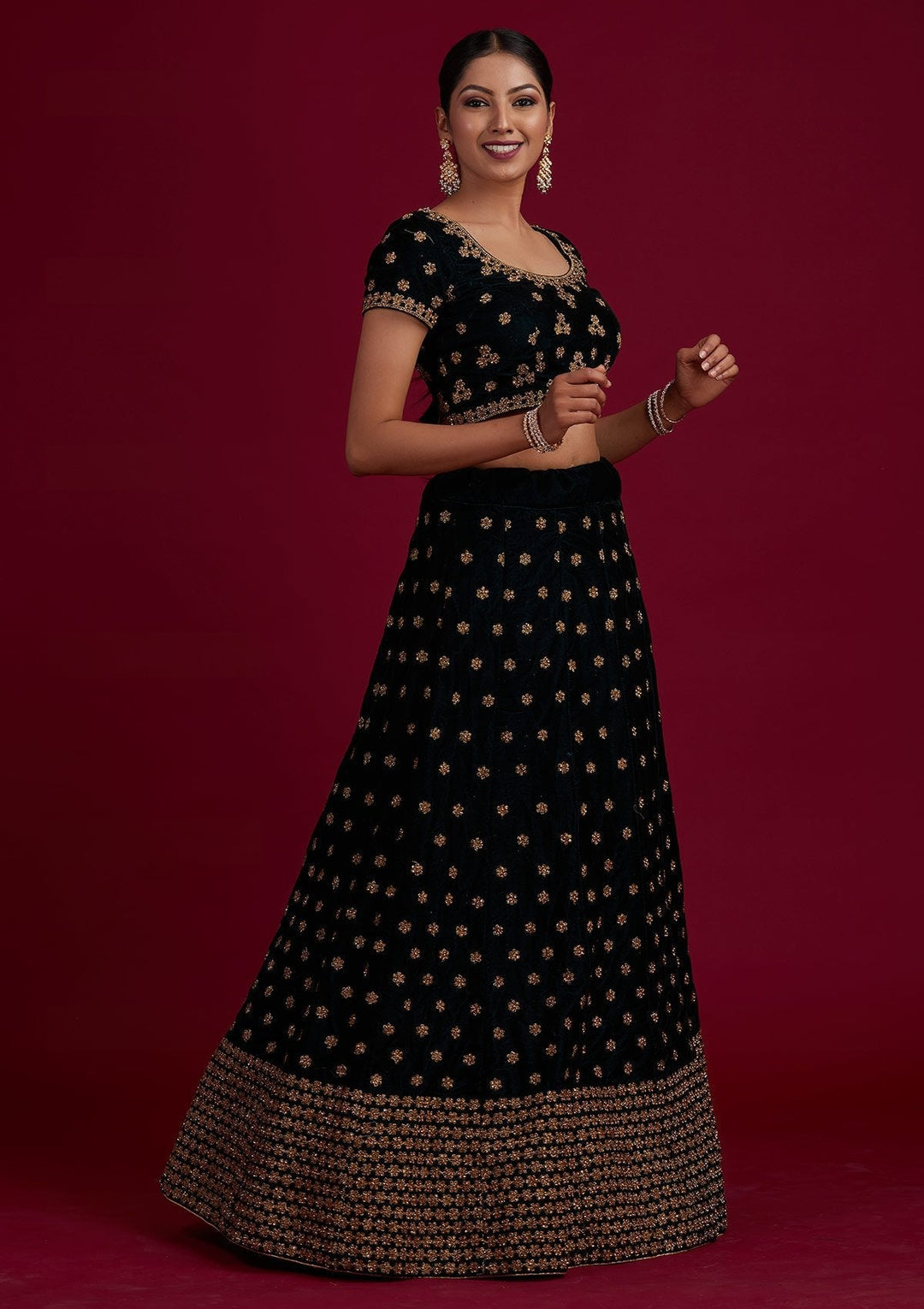 Bottle Green Zariwork Velvet Designer Semi-Stitched Lehenga - Koskii