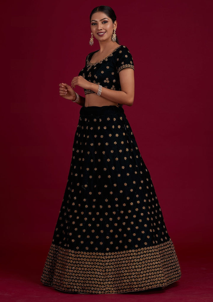 Bottle Green Zariwork Velvet Designer Semi-Stitched Lehenga - Koskii