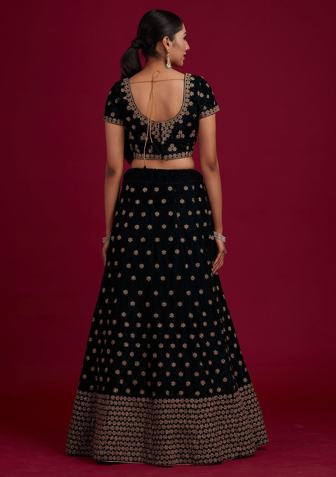 Bottle Green Zariwork Velvet Designer Semi-Stitched Lehenga - Koskii