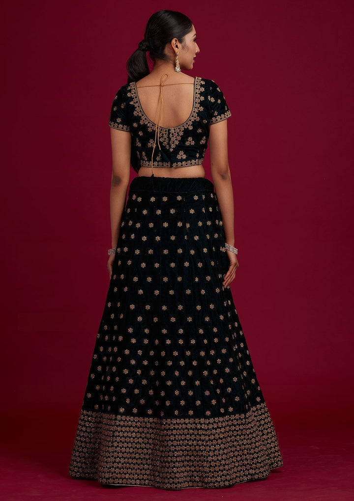 Bottle Green Zariwork Velvet Designer Semi-Stitched Lehenga - Koskii
