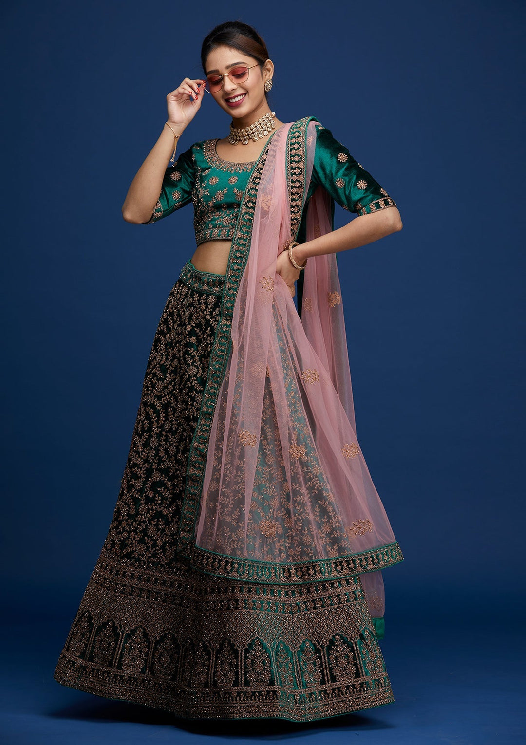 Bottle Green Zariwork Velvet Designer Lehenga- Koskii