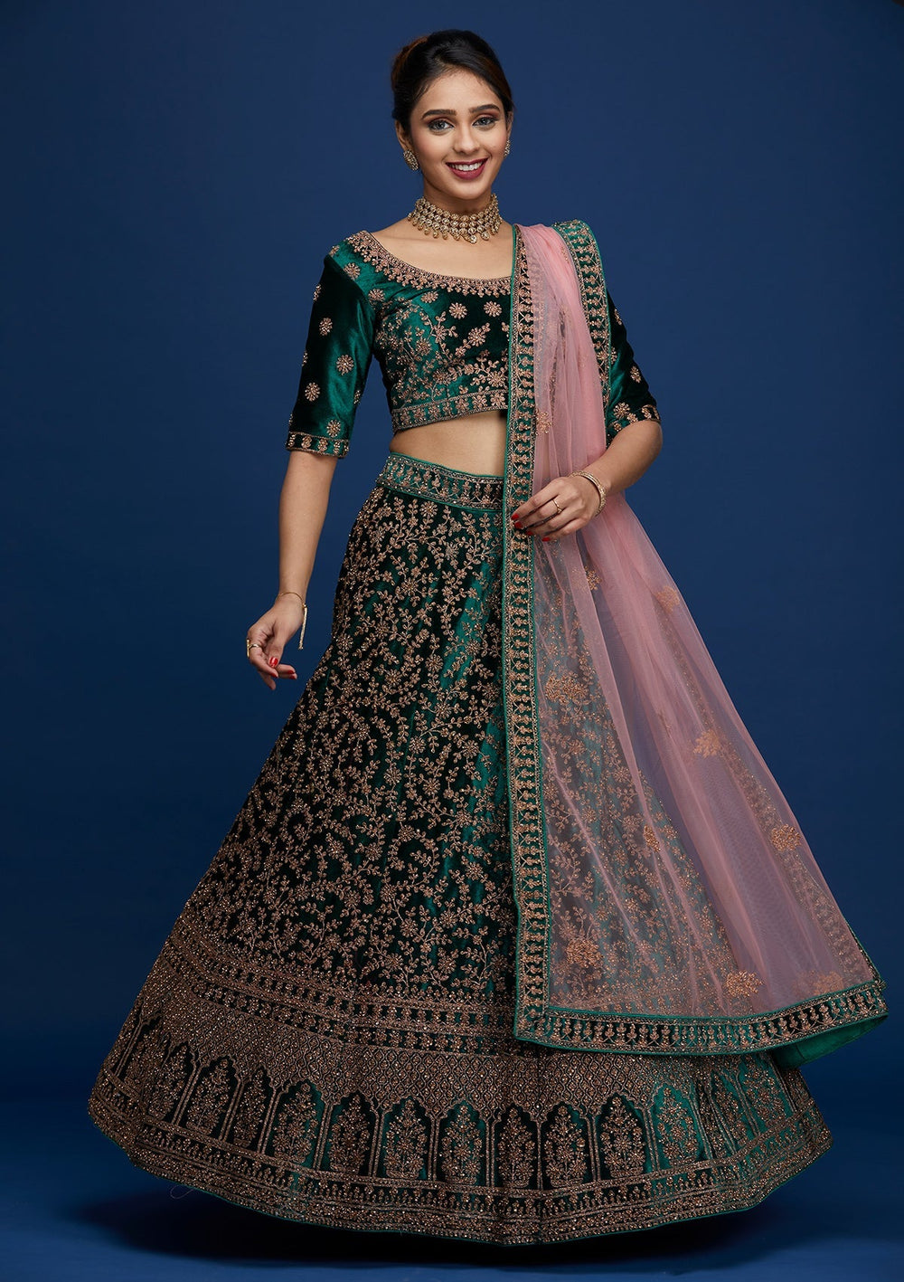 Bottle Green Zariwork Velvet Designer Lehenga - Koskii