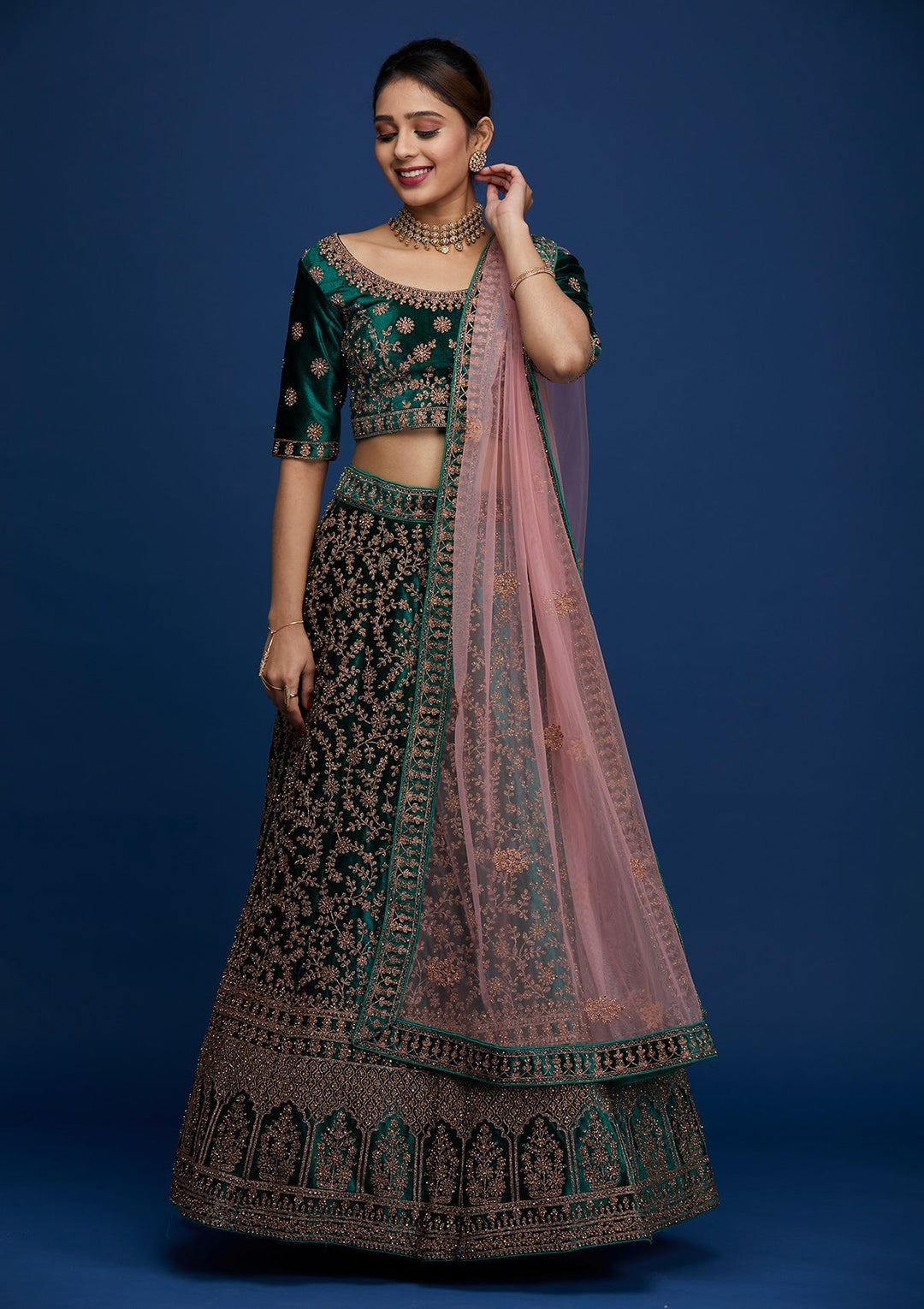 Bottle Green Zariwork Velvet Designer Lehenga - Koskii