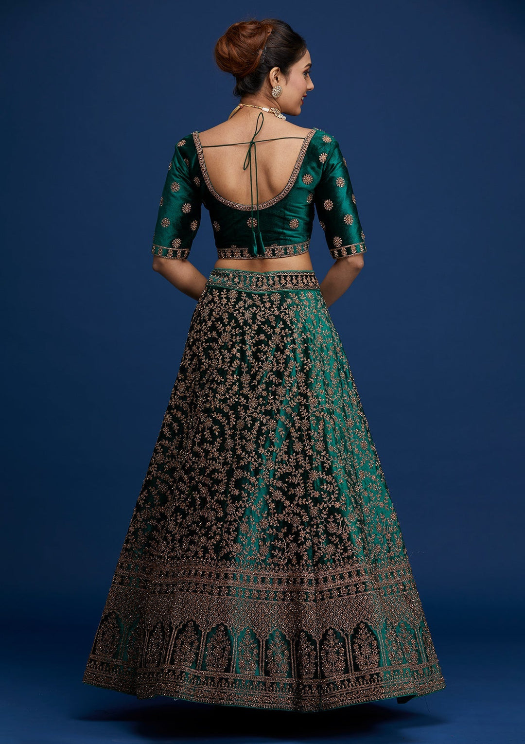 Bottle Green Zariwork Velvet Designer Lehenga - Koskii