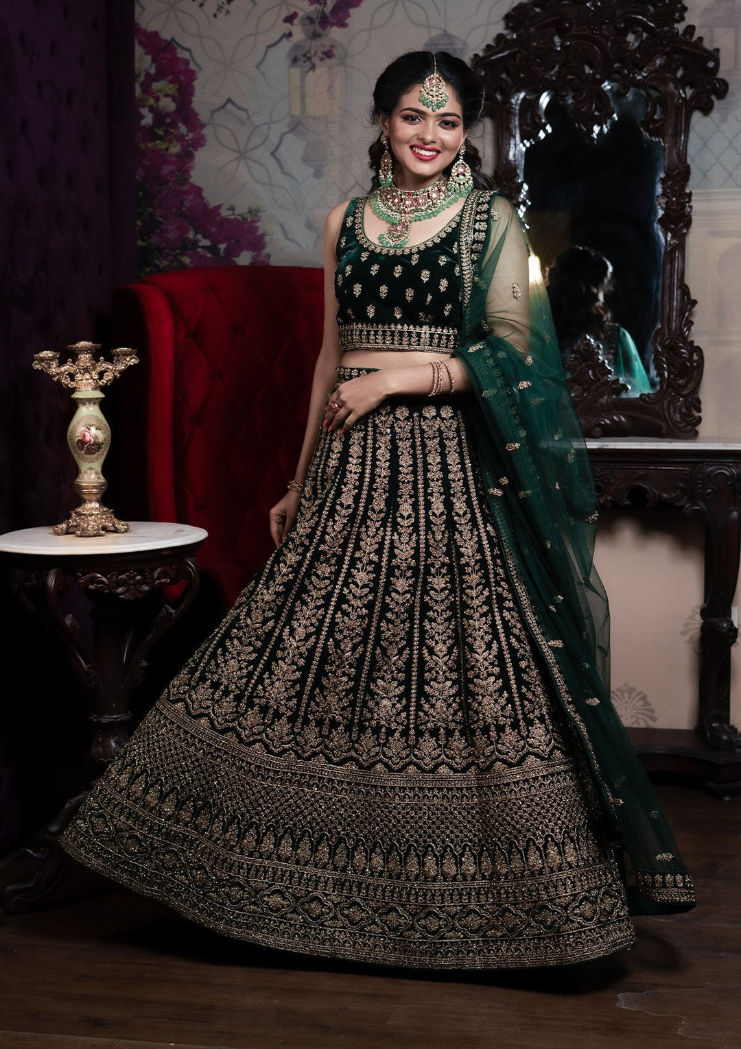 Bottle Green Zariwork Velvet Designer Lehenga- Koskii