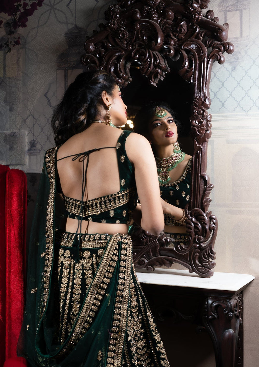 Bottle Green Zariwork Velvet Designer Lehenga - Koskii