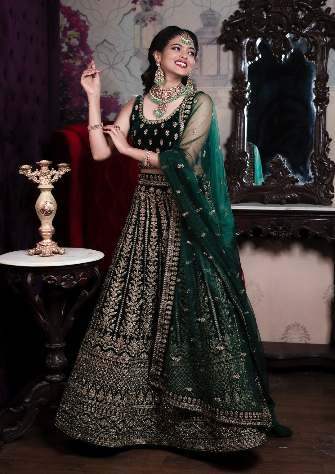 Bottle Green Zariwork Velvet Designer Lehenga - Koskii
