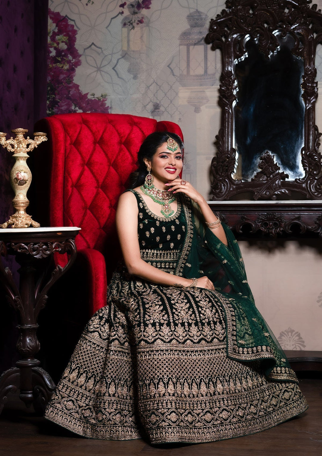 Bottle Green Zariwork Velvet Designer Lehenga - Koskii