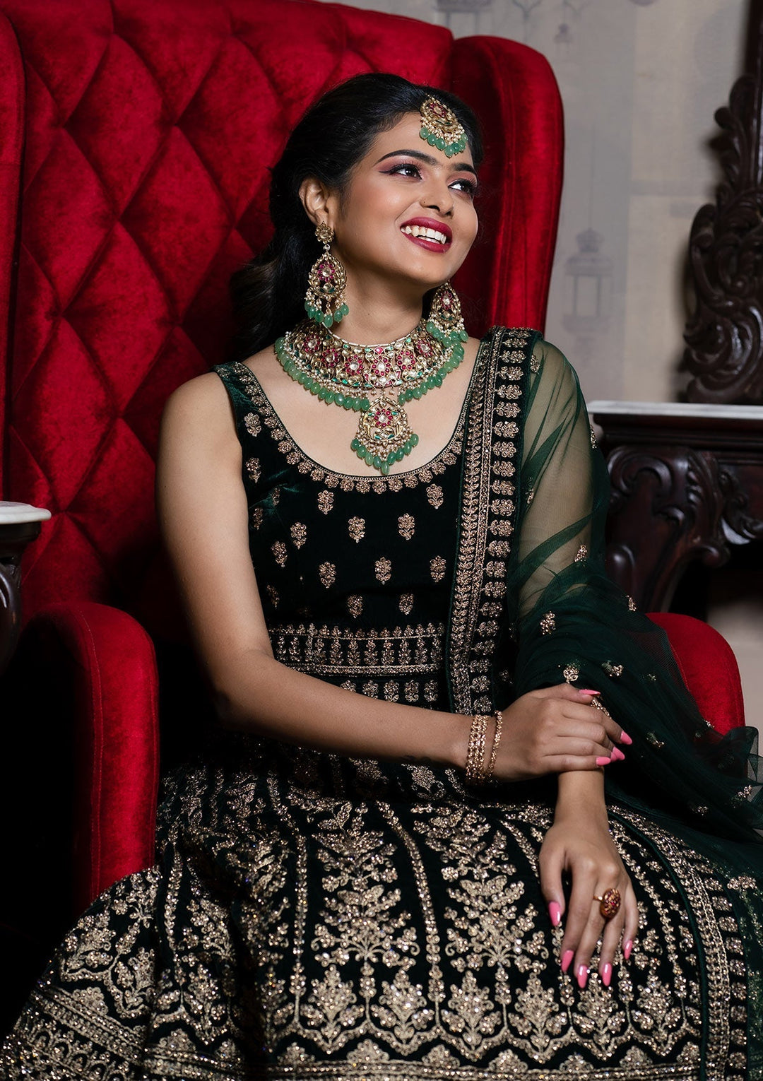 Bottle Green Zariwork Velvet Designer Lehenga - Koskii