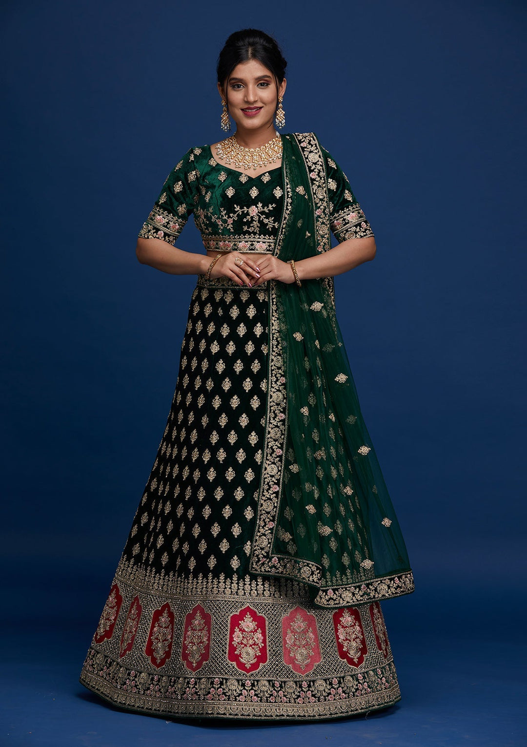 Bottle Green Zariwork Velvet Designer Lehenga- Koskii