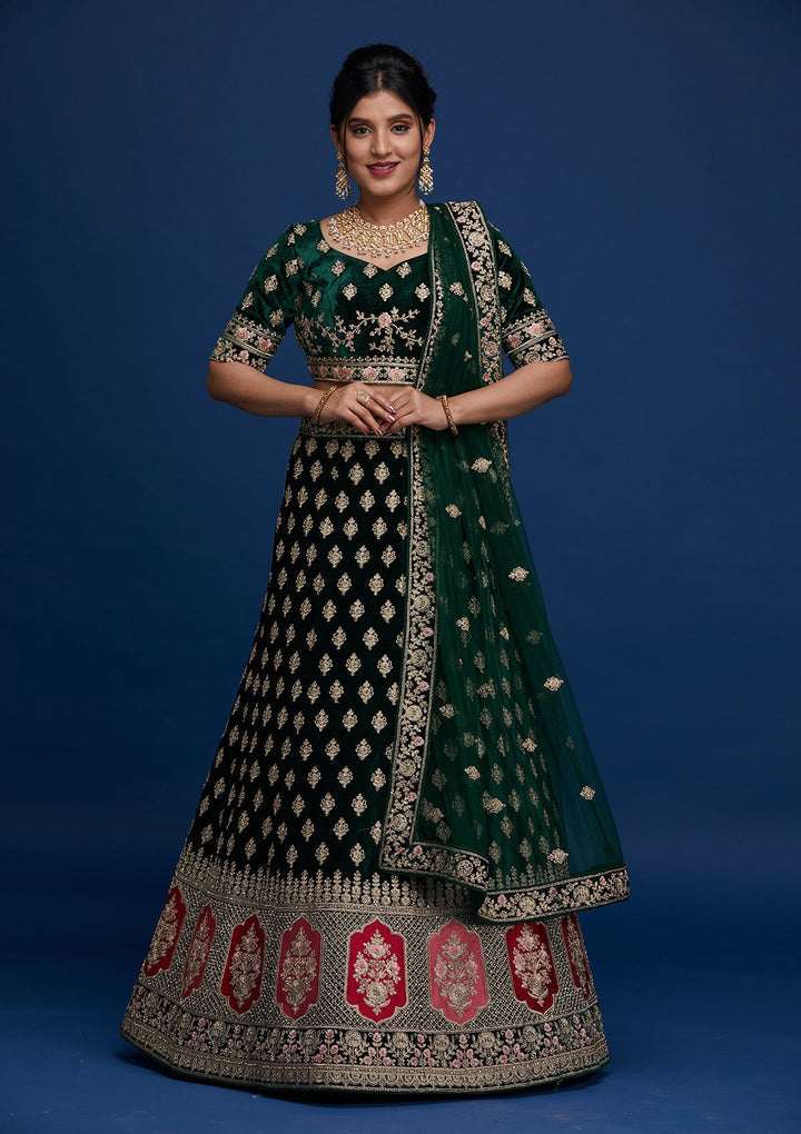 Bottle Green Zariwork Velvet Designer Lehenga- Koskii