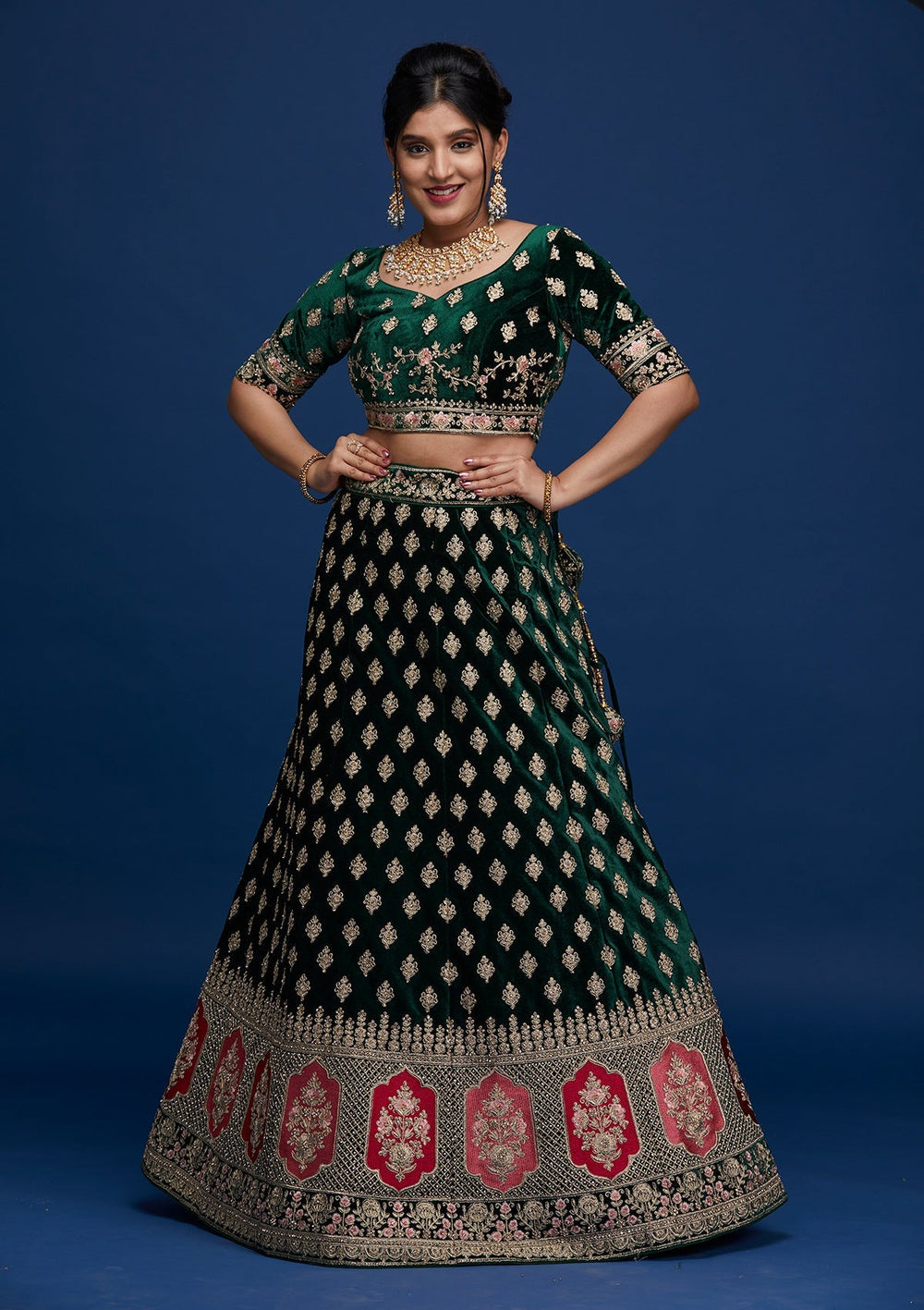 Bottle Green Zariwork Velvet Designer Lehenga - Koskii