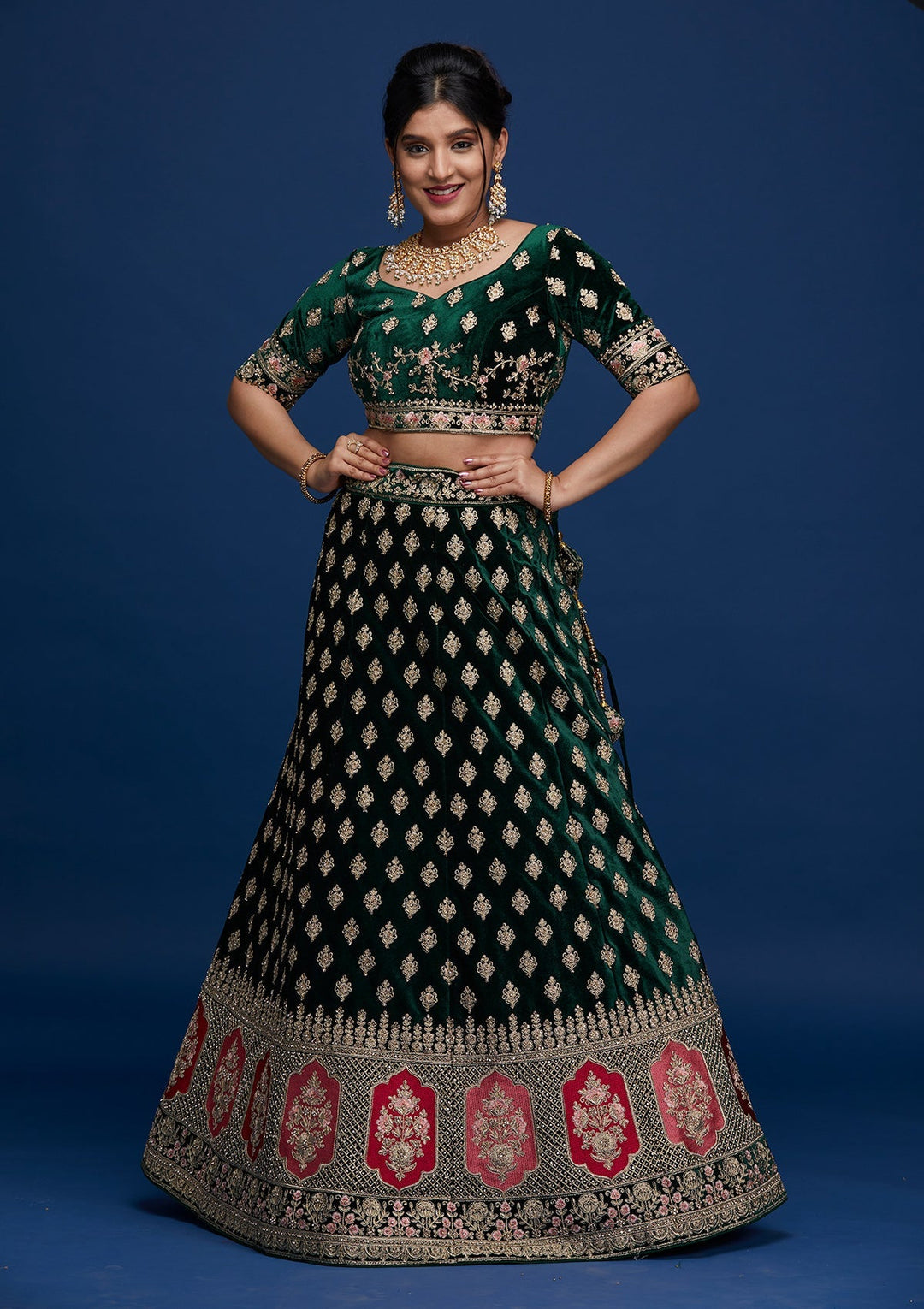 Bottle Green Zariwork Velvet Designer Lehenga - Koskii