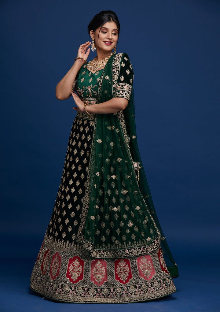 Bottle Green Zariwork Velvet Designer Lehenga - Koskii