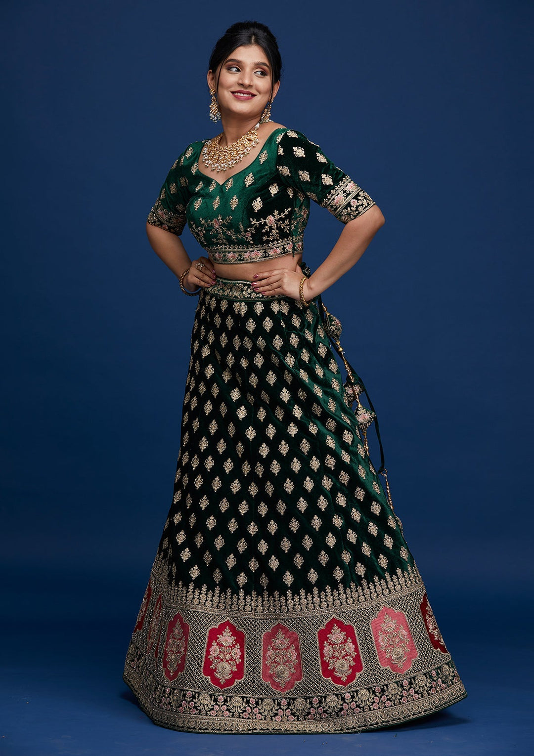 Bottle Green Zariwork Velvet Designer Lehenga - Koskii