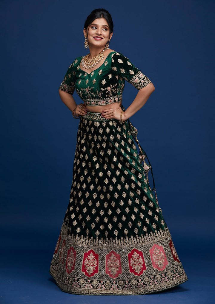 Bottle Green Zariwork Velvet Designer Lehenga - Koskii