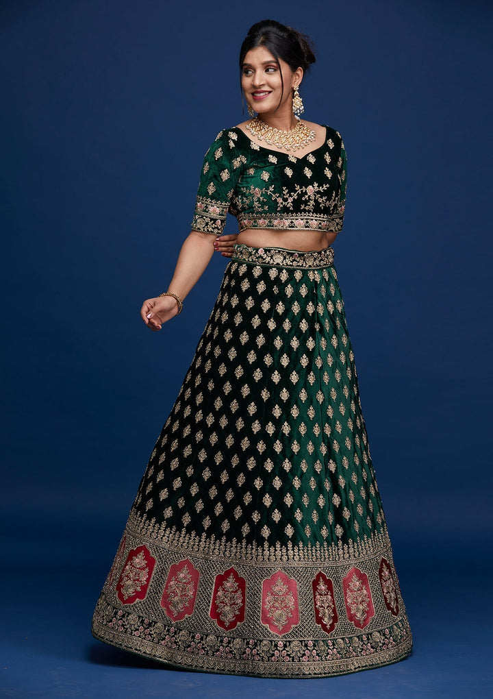 Bottle Green Zariwork Velvet Designer Lehenga - Koskii