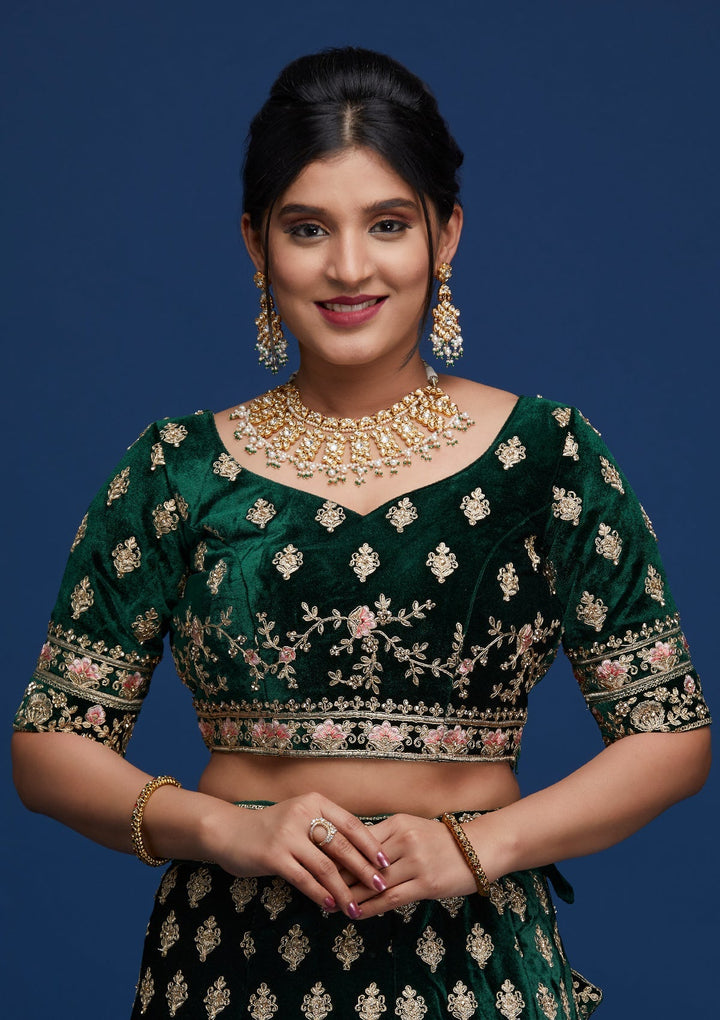 Bottle Green Zariwork Velvet Designer Lehenga - Koskii