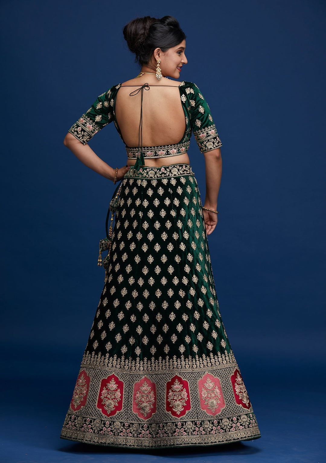 Bottle Green Zariwork Velvet Designer Lehenga - Koskii