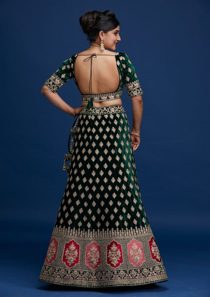 Bottle Green Zariwork Velvet Designer Lehenga - Koskii