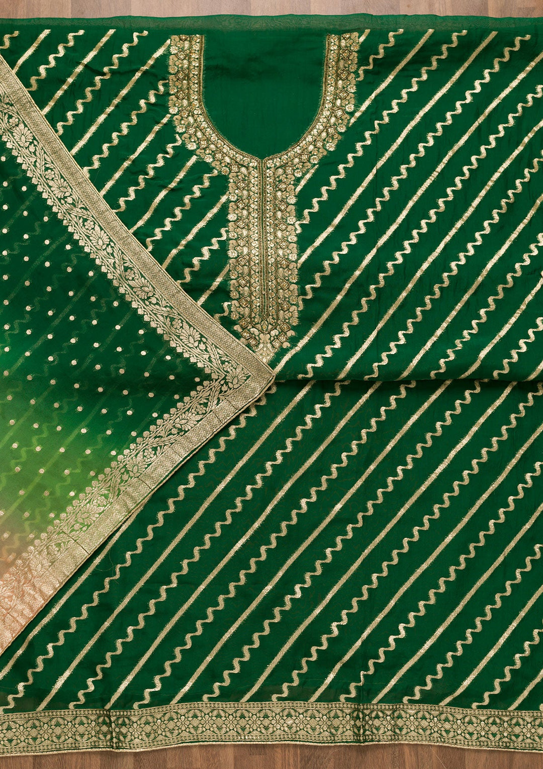 Bottle Green Cutdana Chanderi Unstitched Salwar Suit-Koskii