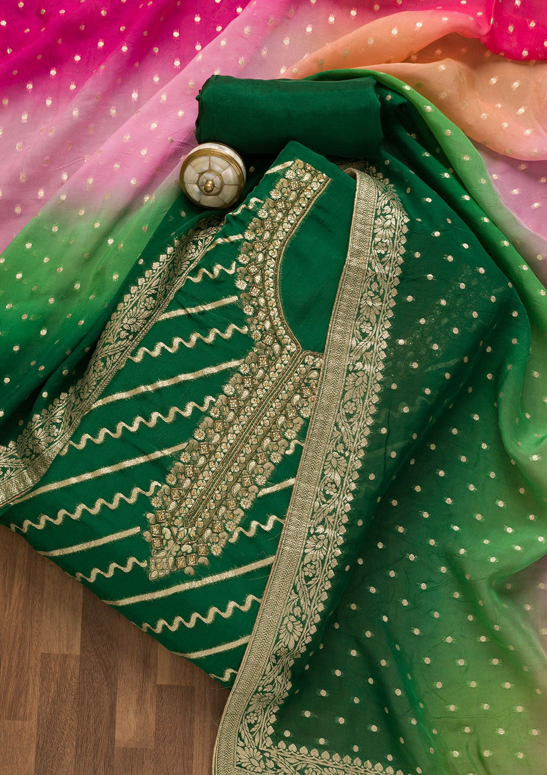 Bottle Green Cutdana Chanderi Unstitched Salwar Suit-Koskii