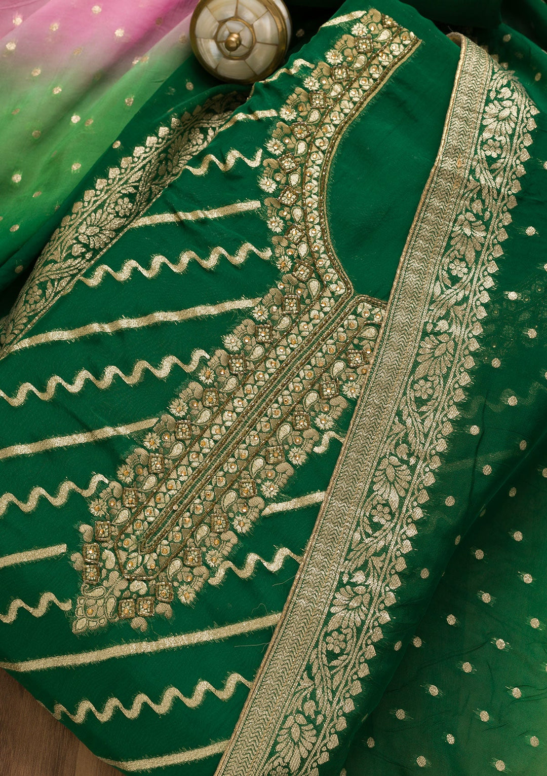 Bottle Green Cutdana Chanderi Unstitched Salwar Suit-Koskii