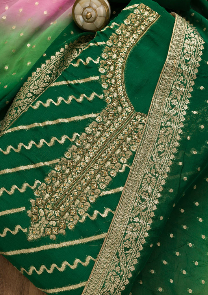 Bottle Green Cutdana Chanderi Unstitched Salwar Suit-Koskii