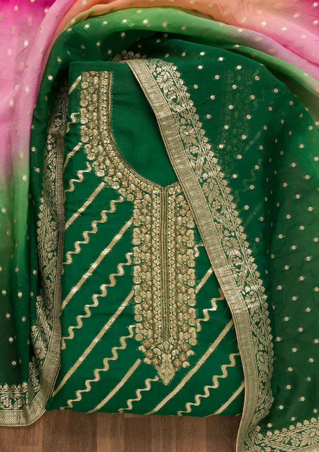 Bottle Green Cutdana Chanderi Unstitched Salwar Suit-Koskii