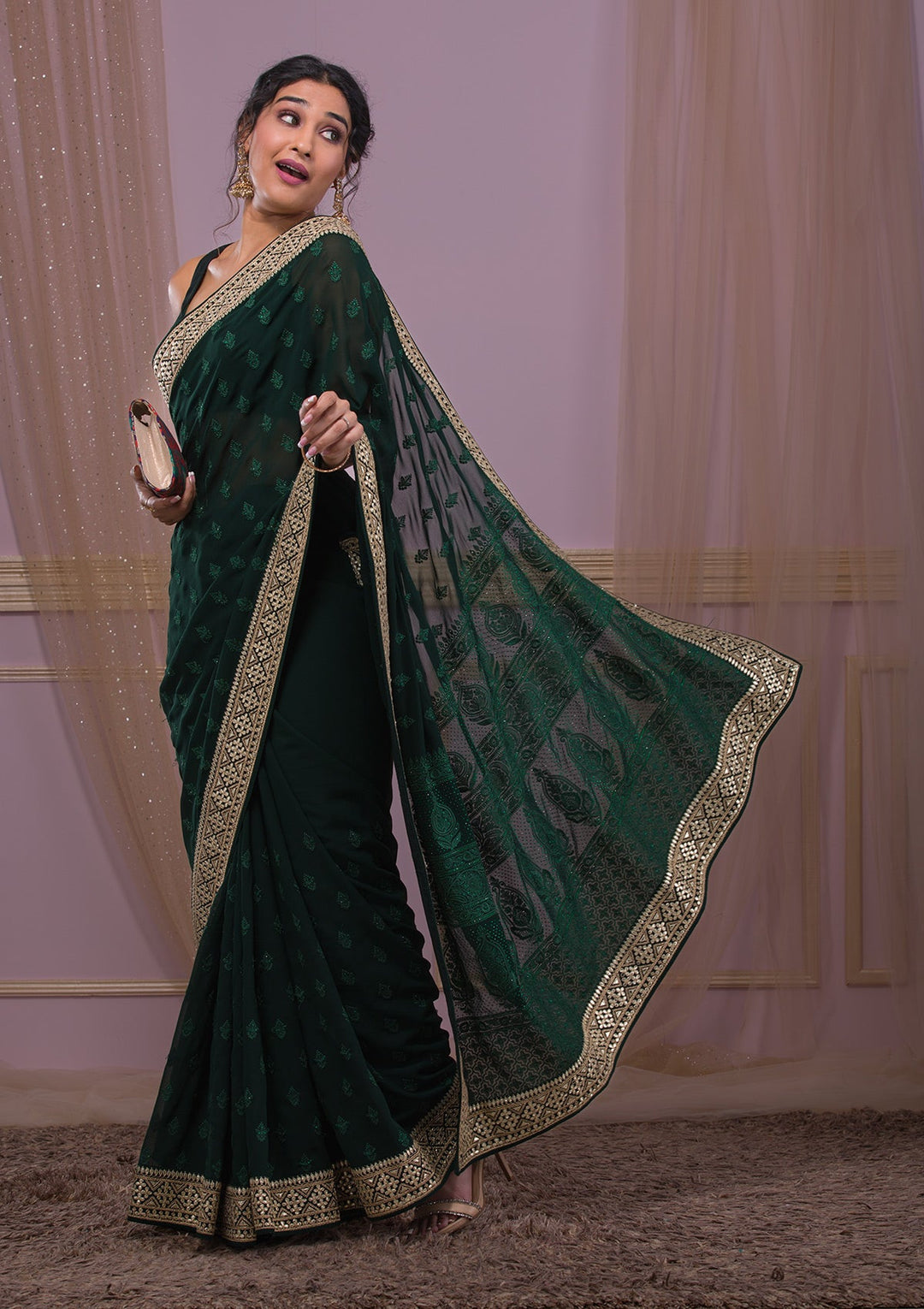 Bottle Green Gotapatti Georgette Saree-Koskii