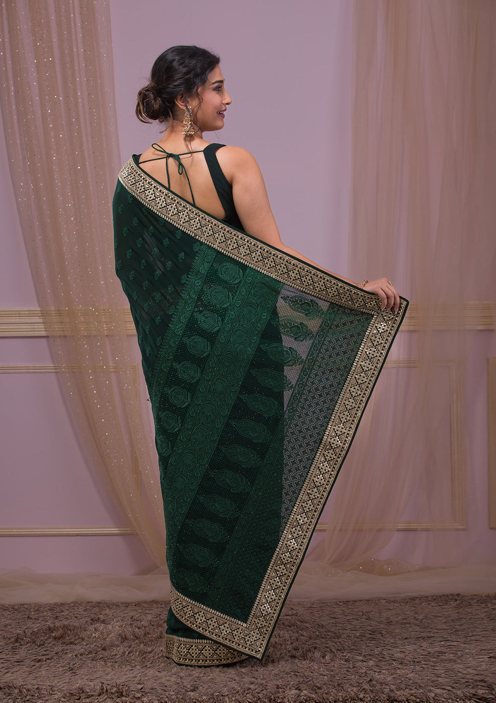 Bottle Green Gotapatti Georgette Saree-Koskii