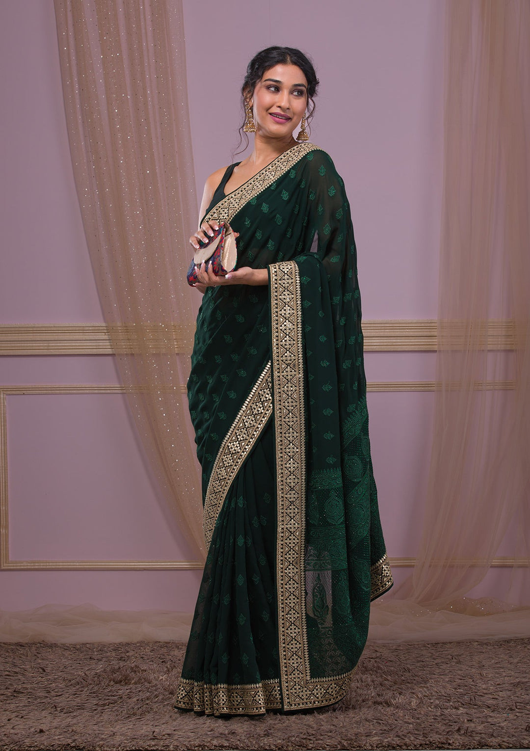 Bottle Green Gotapatti Georgette Saree-Koskii