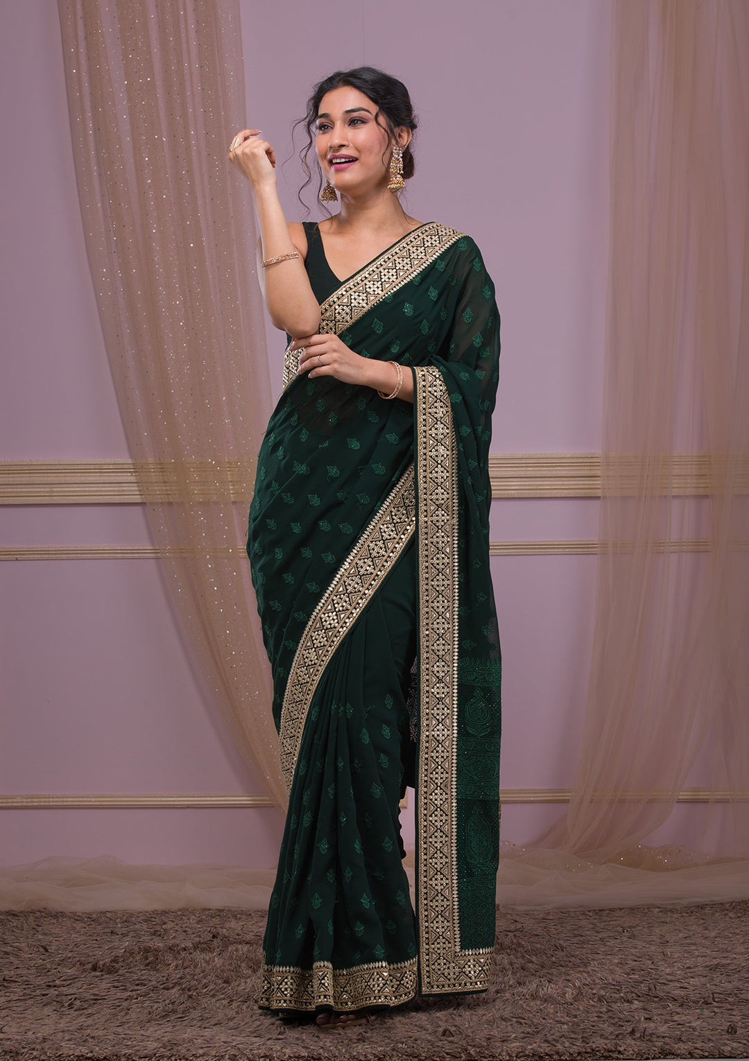 Bottle Green Gotapatti Georgette Saree-Koskii