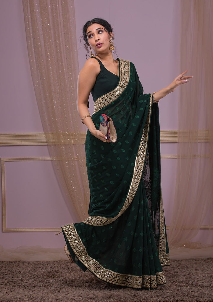 Bottle Green Gotapatti Georgette Saree-Koskii